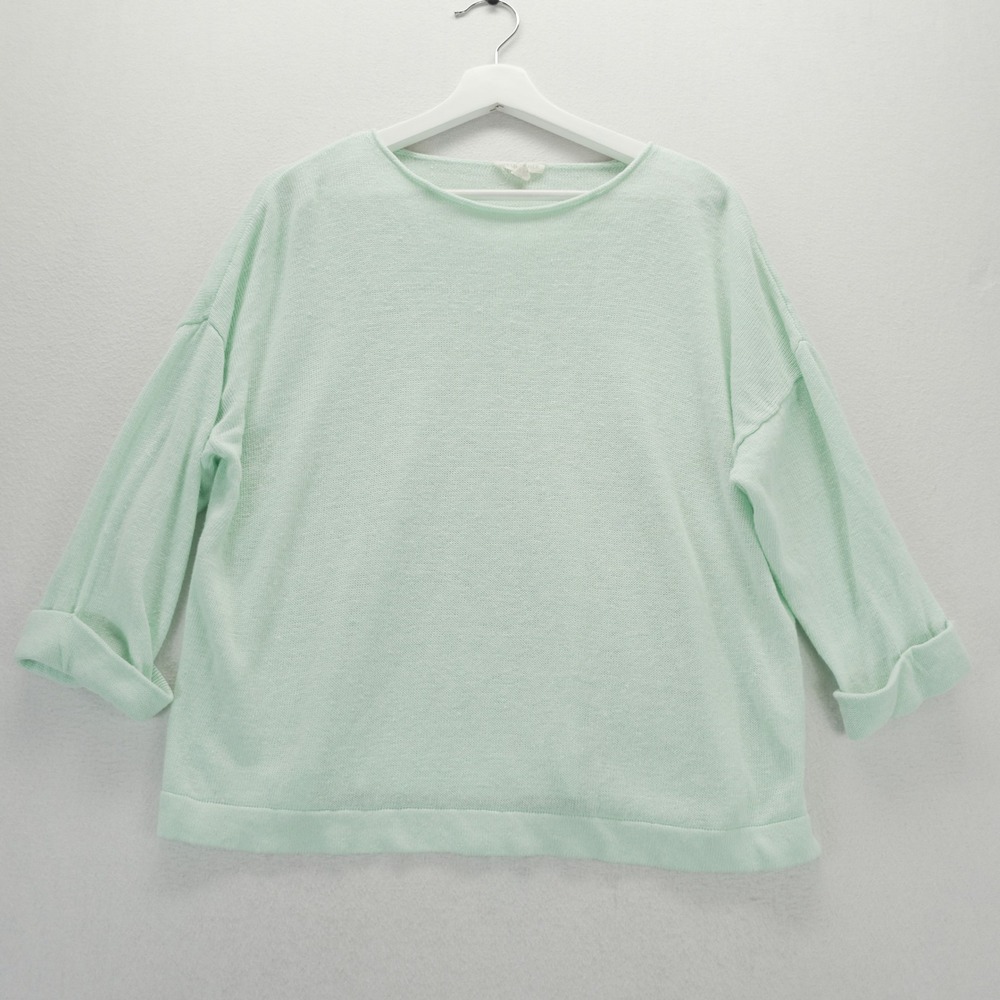 Eileen Fisher Organic Linen Knit Sweater Mint Green Boxy 3/4 Sleeve Large